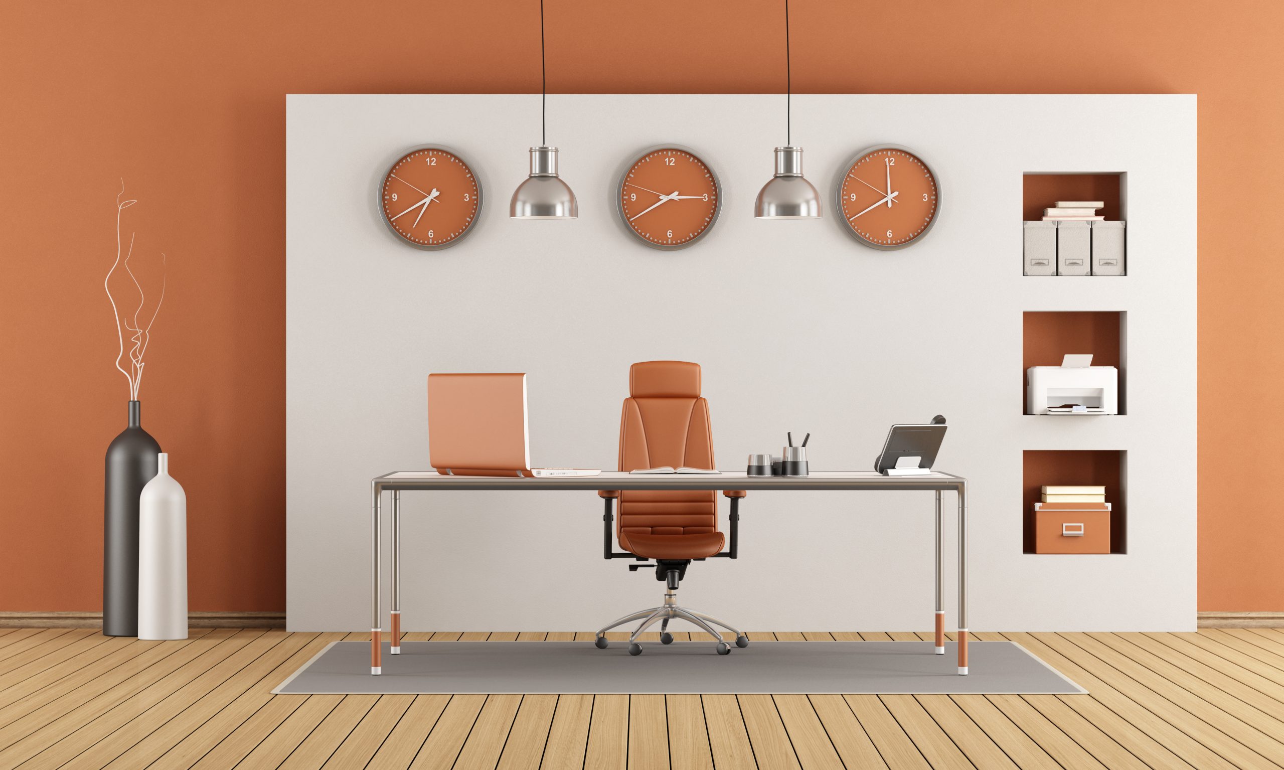 Elegant modern office with desk and niche on wall - 3d rendering