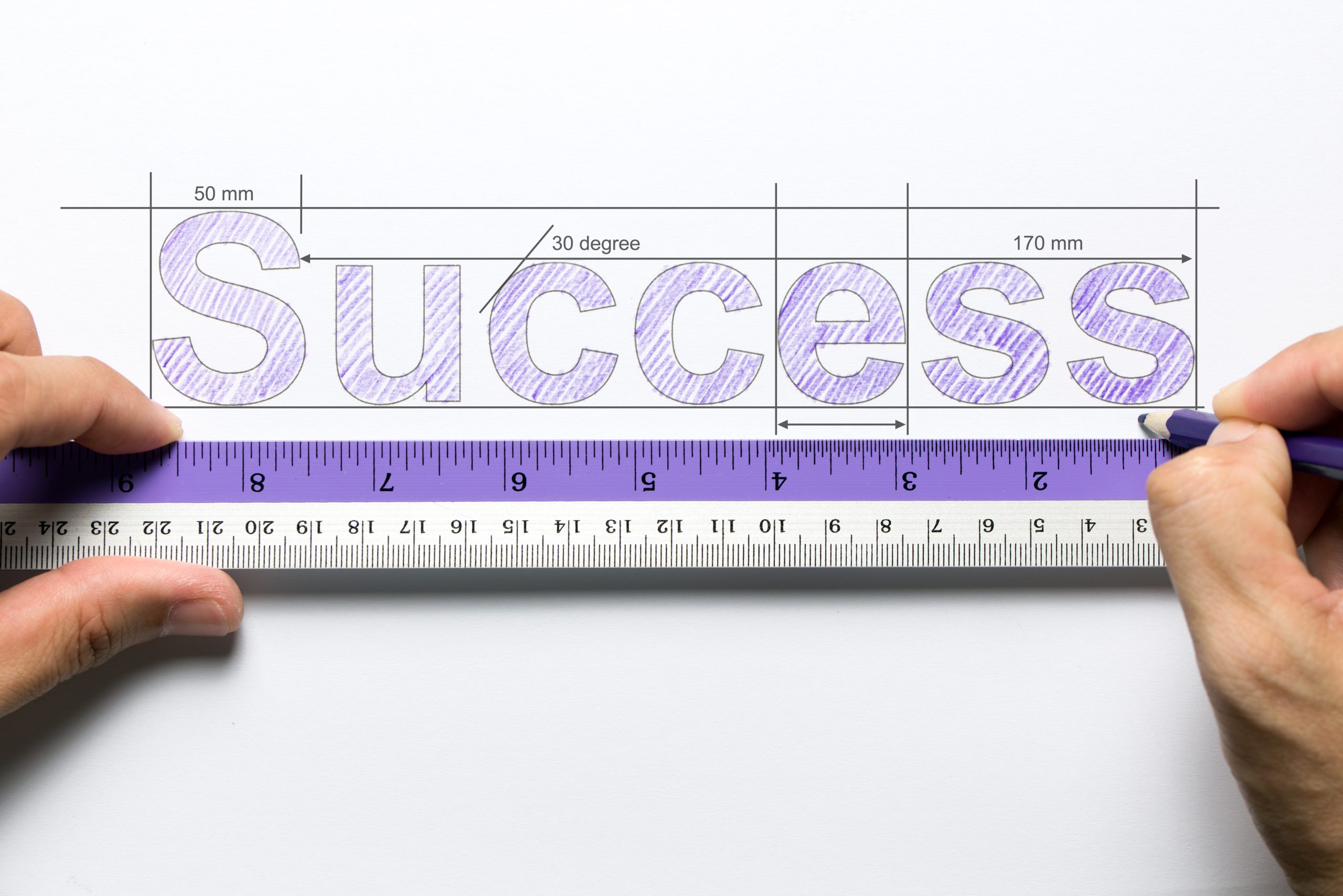 Hand holding ruler and pencil measuring the word success